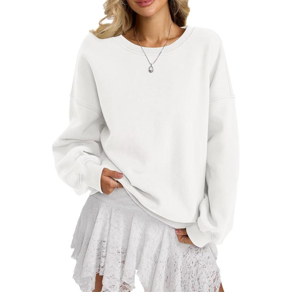image:imageWomen Fleece Sweatshirts Oversized Crewneck Pullover Trendy Long Sleeve Tops Fashion Fall Outfits Clothes 2026White