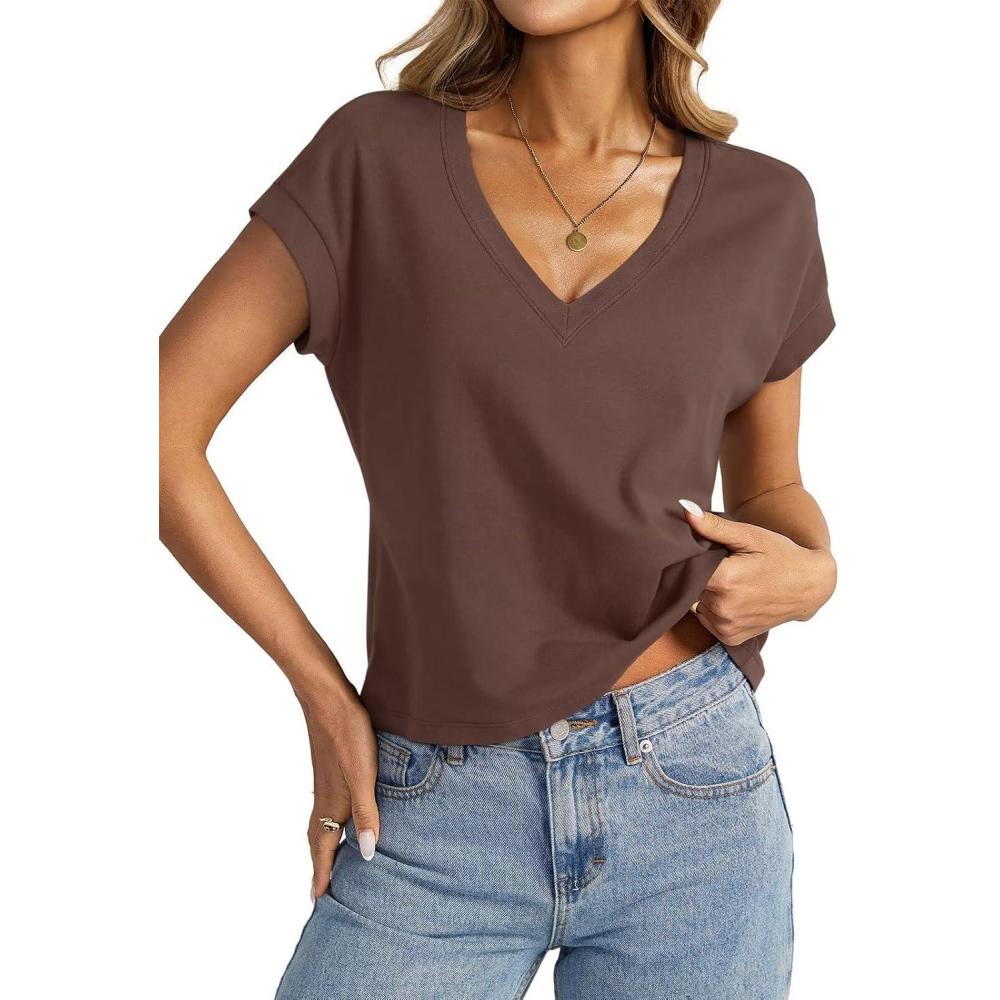 image:imageWomens Cap Sleeve Crop Tops Cotton V Neck T Shirt Boxy Loose Fit Short Sleeves Tee Summer Fashion Clothes 2026Brown
