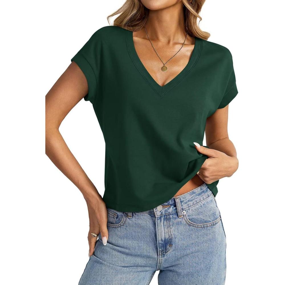 image:imageWomens Cap Sleeve Crop Tops Cotton V Neck T Shirt Boxy Loose Fit Short Sleeves Tee Summer Fashion Clothes 2026Deep Green