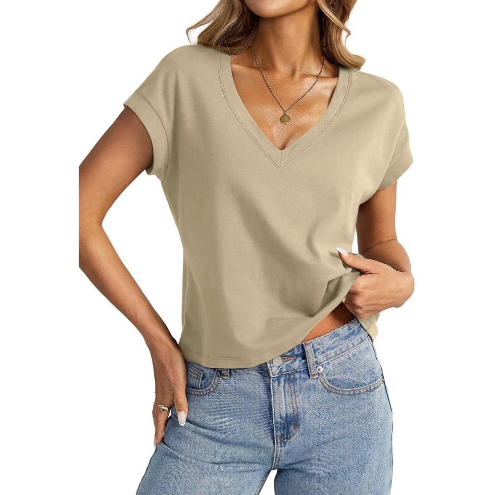image:imageWomens Cap Sleeve Crop Tops Cotton V Neck T Shirt Boxy Loose Fit Short Sleeves Tee Summer Fashion Clothes 2026Khaki