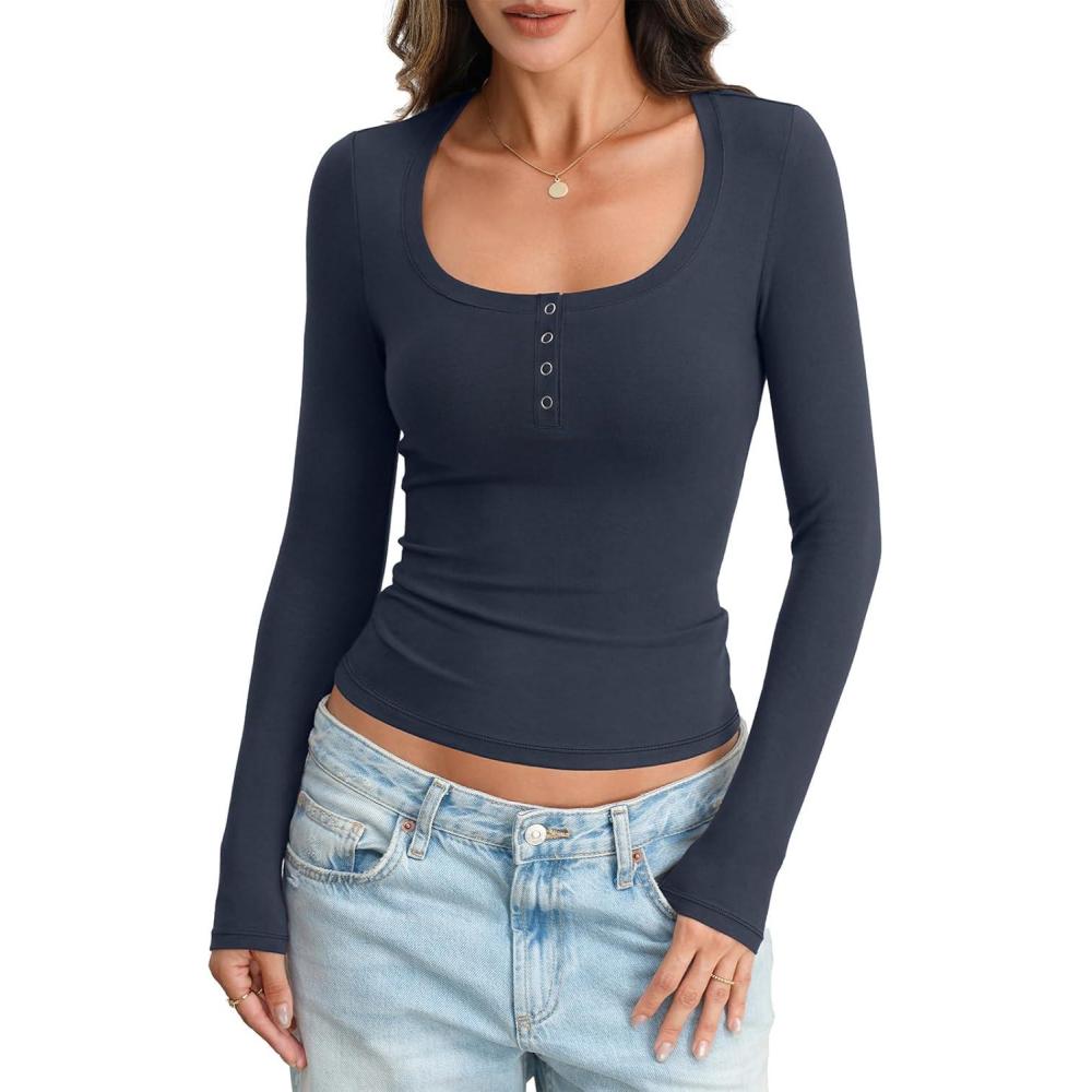 image:imageWomens Cotton Long Sleeve Henley Shirts Sexy Scoop Neck Basic Tops Slim Fit Tshirts Fall Fashion Outfits 2025Navy Blue