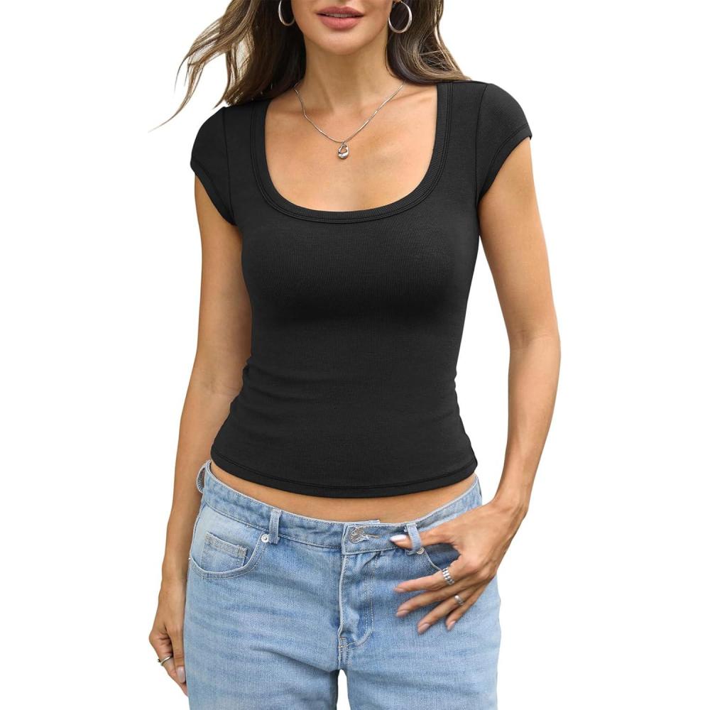 image:imageWomens Cotton Ribbed Scoop Neck Short Sleeve Shirts Cap Sleeve Slim Fit TShirt Basic Summer Going Out Top 2026Black