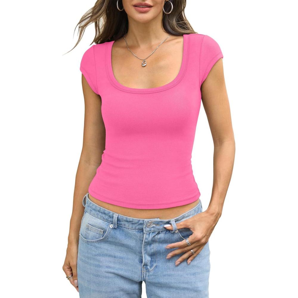 image:imageWomens Cotton Ribbed Scoop Neck Short Sleeve Shirts Cap Sleeve Slim Fit TShirt Basic Summer Going Out Top 2026Pink