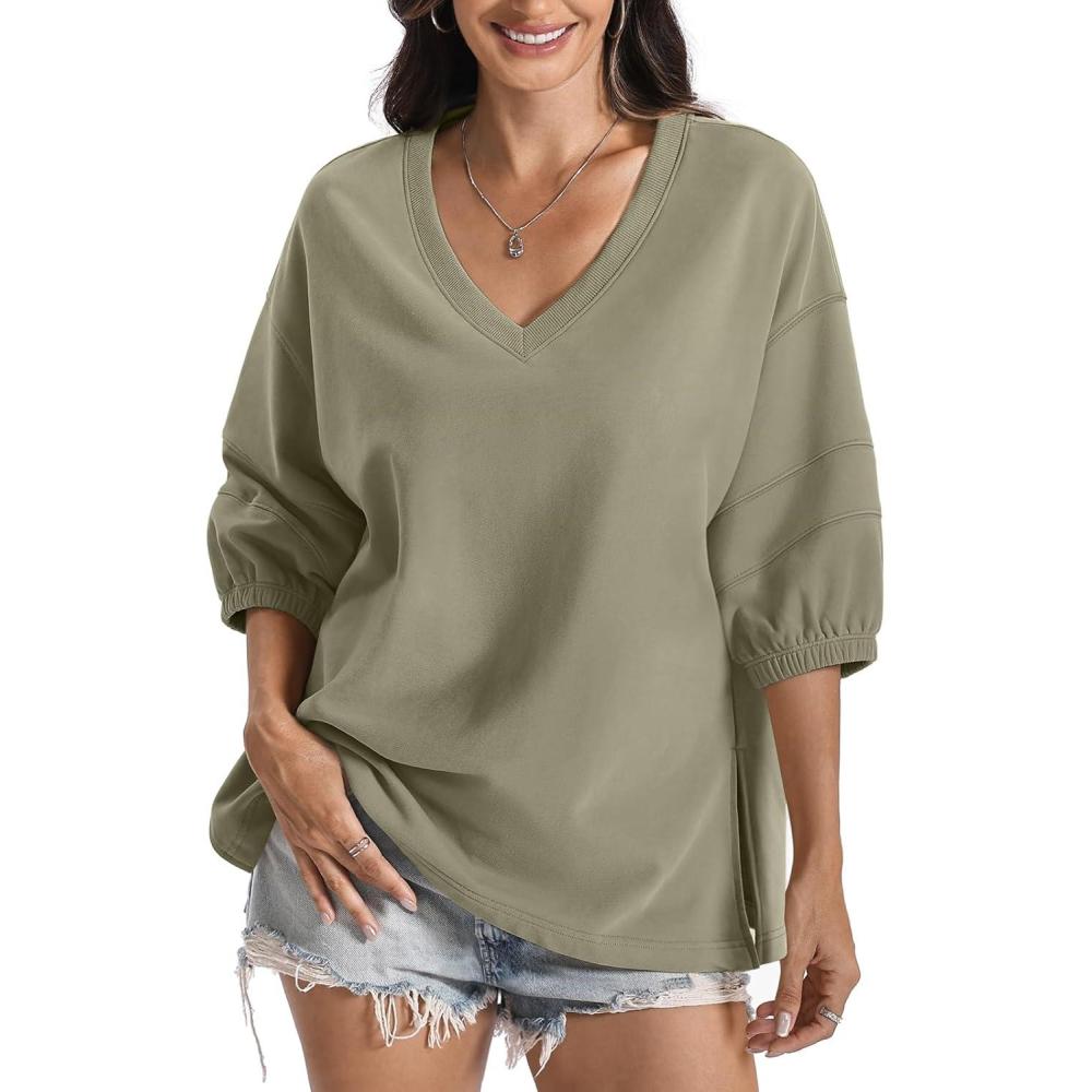 image:imageWomens Cotton V Neck Sweatshirt 34 Sleeve Slouchy Fit Tops Trendy Slit Shirt Casual Fall Lightweight OutfitsDolphin