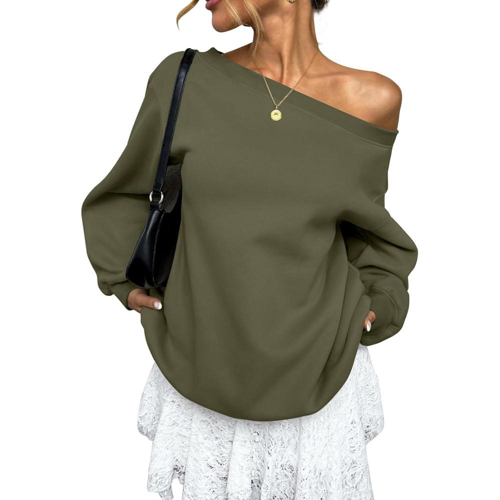 image:imageWomens Fleece Lined Sweatshirt Off Shoulder Long Sleeve Pullover Top Oversized Shirt Basic Slouchy Clothes 2026Army Green