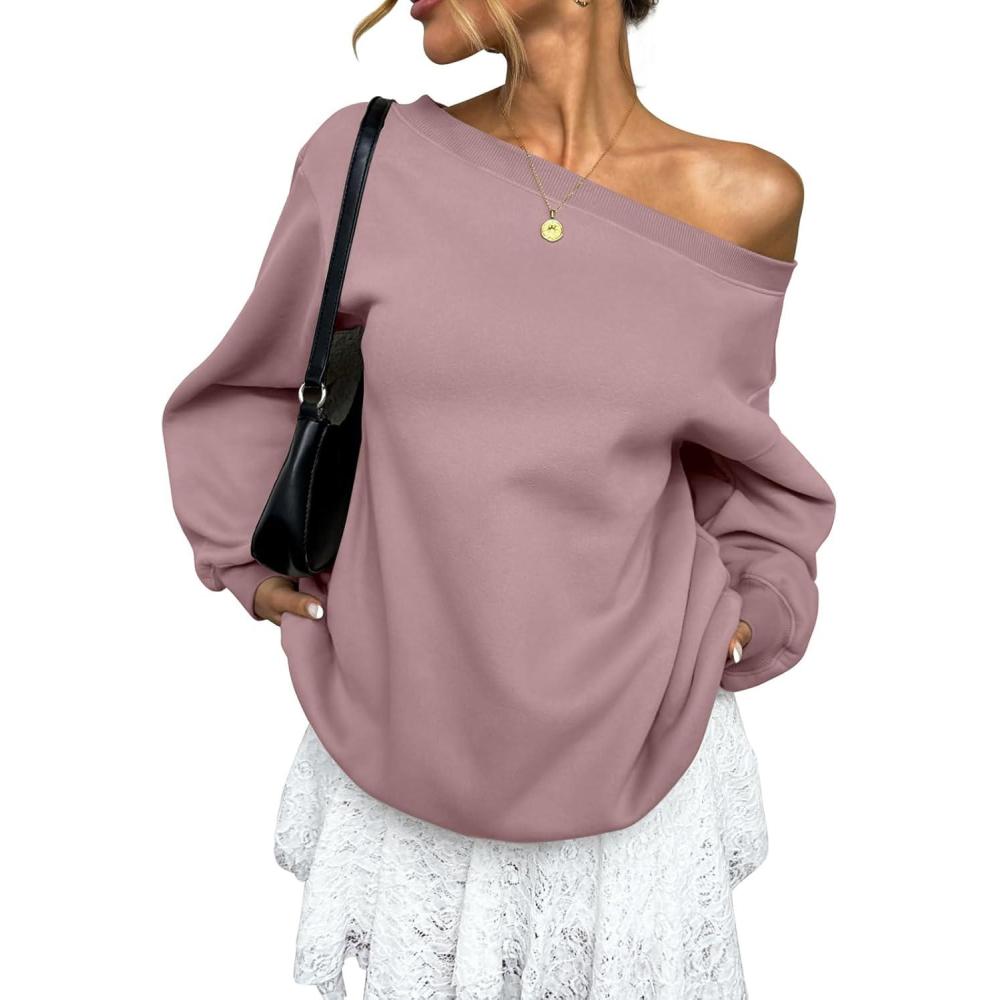 image:imageWomens Fleece Lined Sweatshirt Off Shoulder Long Sleeve Pullover Top Oversized Shirt Basic Slouchy Clothes 2026Dark Pink