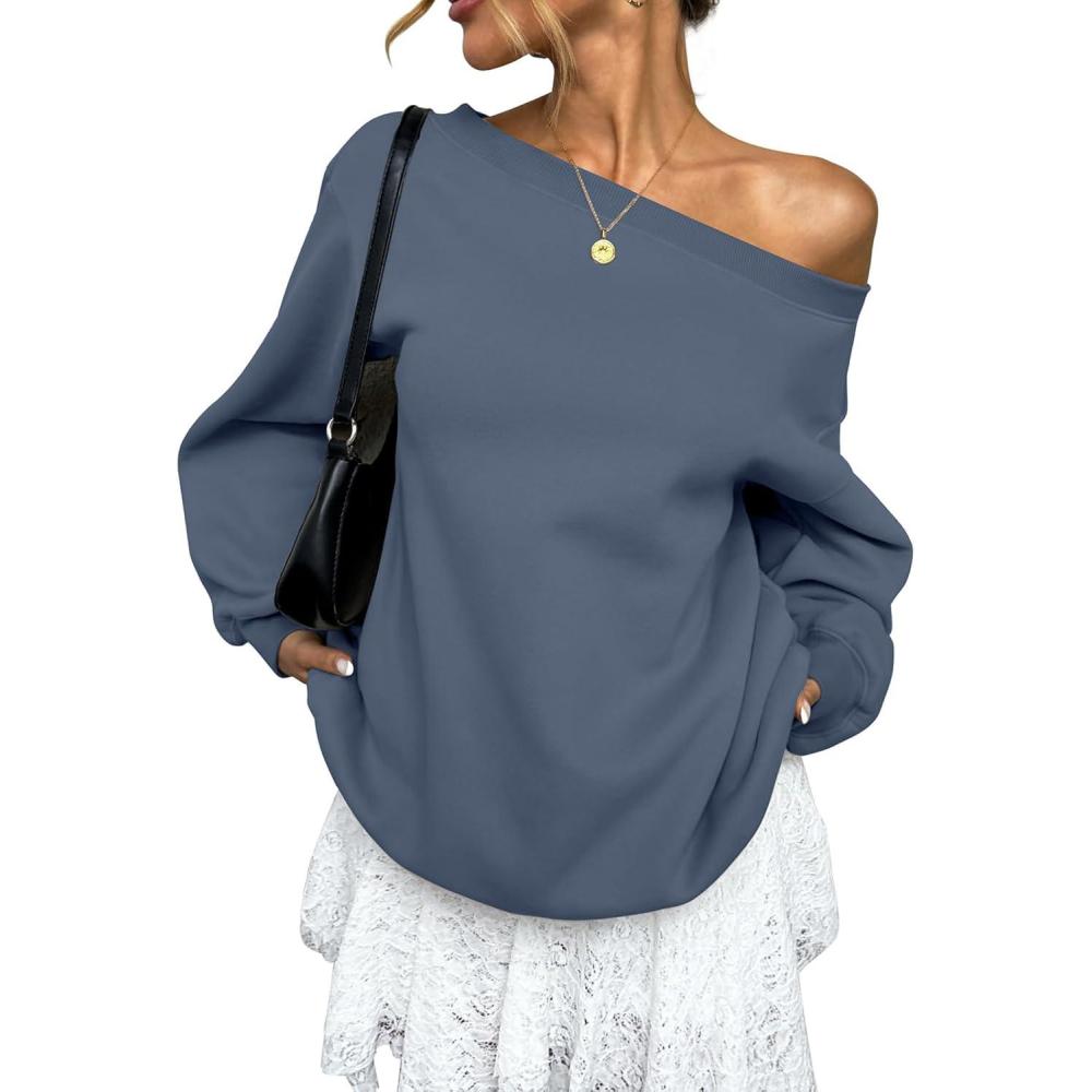 image:imageWomens Fleece Lined Sweatshirt Off Shoulder Long Sleeve Pullover Top Oversized Shirt Basic Slouchy Clothes 2026Dusty Blue
