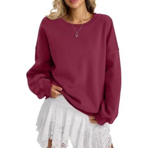 Women Fleece Sweatshirts Oversized Crewneck Pullover Trendy Long Sleeve Tops Fashion Fall Outfits Clothes 2026(Wine Red)