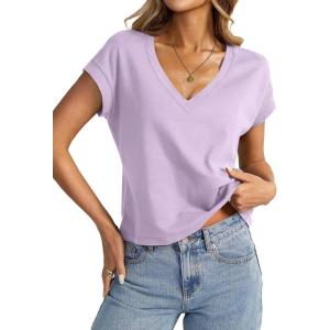 Womens Cap Sleeve Crop Tops Cotton V Neck T Shirt Boxy Loose Fit Short Sleeves Tee Summer Fashion Clothes 2026(Purple)