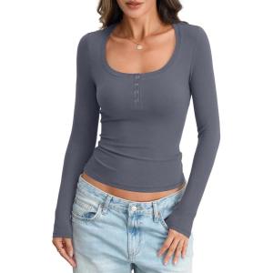 Womens Cotton Long Sleeve Henley Shirts Sexy Scoop Neck Basic Tops Slim Fit Tshirts Fall Fashion Outfits 2025(Dark Grey)