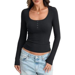 Womens Cotton Long Sleeve Henley Shirts Sexy Scoop Neck Basic Tops Slim Fit Tshirts Fall Fashion Outfits 2025(True Black)