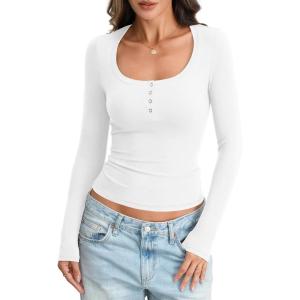 Womens Cotton Long Sleeve Henley Shirts Sexy Scoop Neck Basic Tops Slim Fit Tshirts Fall Fashion Outfits 2025(True White)