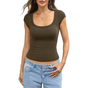 Womens Cotton Ribbed Scoop Neck Short Sleeve Shirts Cap Sleeve Slim Fit T-Shirt Basic Summer Going Out Top 2026(Brown)