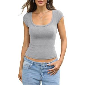 Womens Cotton Ribbed Scoop Neck Short Sleeve Shirts Cap Sleeve Slim Fit T-Shirt Basic Summer Going Out Top 2026(Heather Grey)