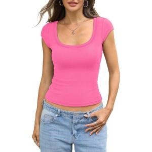Womens Cotton Ribbed Scoop Neck Short Sleeve Shirts Cap Sleeve Slim Fit T-Shirt Basic Summer Going Out Top 2026(Pink)