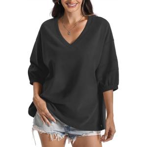 Womens Cotton V Neck Sweatshirt 3/4 Sleeve Slouchy Fit Tops Trendy Slit Shirt Casual Fall Lightweight Outfits(Black)
