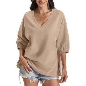 Womens Cotton V Neck Sweatshirt 3/4 Sleeve Slouchy Fit Tops Trendy Slit Shirt Casual Fall Lightweight Outfits(Coffee Grey)