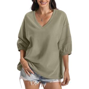Womens Cotton V Neck Sweatshirt 3/4 Sleeve Slouchy Fit Tops Trendy Slit Shirt Casual Fall Lightweight Outfits(Dolphin)