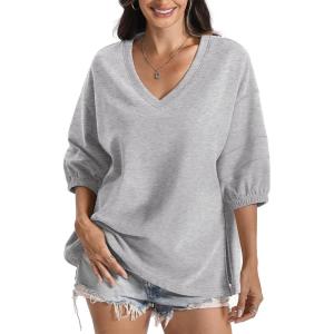 Womens Cotton V Neck Sweatshirt 3/4 Sleeve Slouchy Fit Tops Trendy Slit Shirt Casual Fall Lightweight Outfits(Grey)