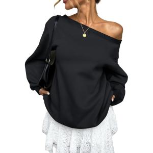 Womens Fleece Lined Sweatshirt Off Shoulder Long Sleeve Pullover Top Oversized Shirt Basic Slouchy Clothes 2026(C-black)