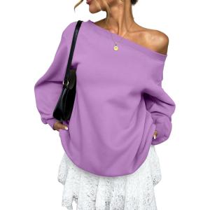 Womens Fleece Lined Sweatshirt Off Shoulder Long Sleeve Pullover Top Oversized Shirt Basic Slouchy Clothes 2026(Purple)