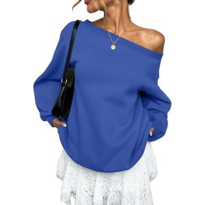 Womens Fleece Lined Sweatshirt Off Shoulder Long Sleeve Pullover Top Oversized Shirt Basic Slouchy Clothes 2026(Royal Blue)
