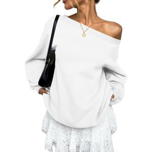 Womens Fleece Lined Sweatshirt Off Shoulder Long Sleeve Pullover Top Oversized Shirt Basic Slouchy Clothes 2026(White)