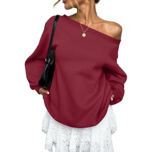 Womens Fleece Lined Sweatshirt Off Shoulder Long Sleeve Pullover Top Oversized Shirt Basic Slouchy Clothes 2026(Wine Red)