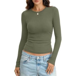 Womens Ribbed Cotton Long Sleeve Shirts Basic Crewneck Tee Fitted Going Out Tops Underscrub Fall Fashion 2026(Green)