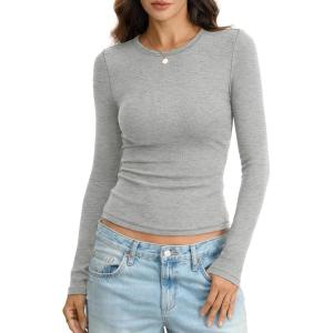 Womens Ribbed Cotton Long Sleeve Shirts Basic Crewneck Tee Fitted Going Out Tops Underscrub Fall Fashion 2026(Heather Grey)