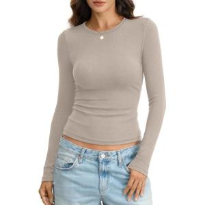 Womens Ribbed Cotton Long Sleeve Shirts Basic Crewneck Tee Fitted Going Out Tops Underscrub Fall Fashion 2026(Kahki)