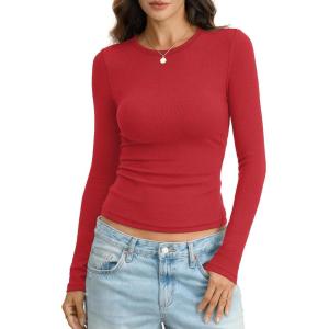 Womens Ribbed Cotton Long Sleeve Shirts Basic Crewneck Tee Fitted Going Out Tops Underscrub Fall Fashion 2026(Red)