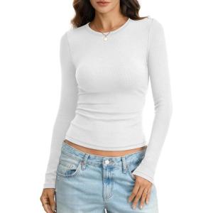 Womens Ribbed Cotton Long Sleeve Shirts Basic Crewneck Tee Fitted Going Out Tops Underscrub Fall Fashion 2026(White)