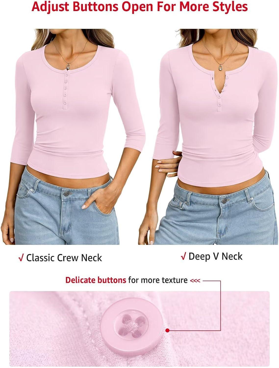 image:imageWomens Cotton 34 Length Sleeve Henley Tops Slim Fit V Neck T Shirts Basic Going Out Tee Summer Trendy OutfitsBaby Pink