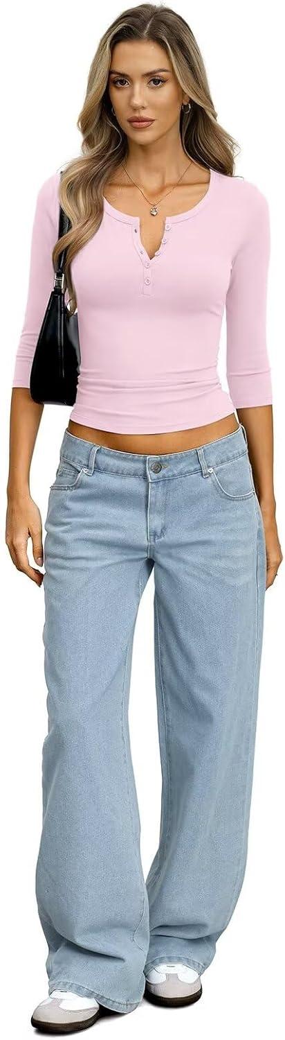 image:imageWomens Cotton 34 Length Sleeve Henley Tops Slim Fit V Neck T Shirts Basic Going Out Tee Summer Trendy OutfitsBaby Pink