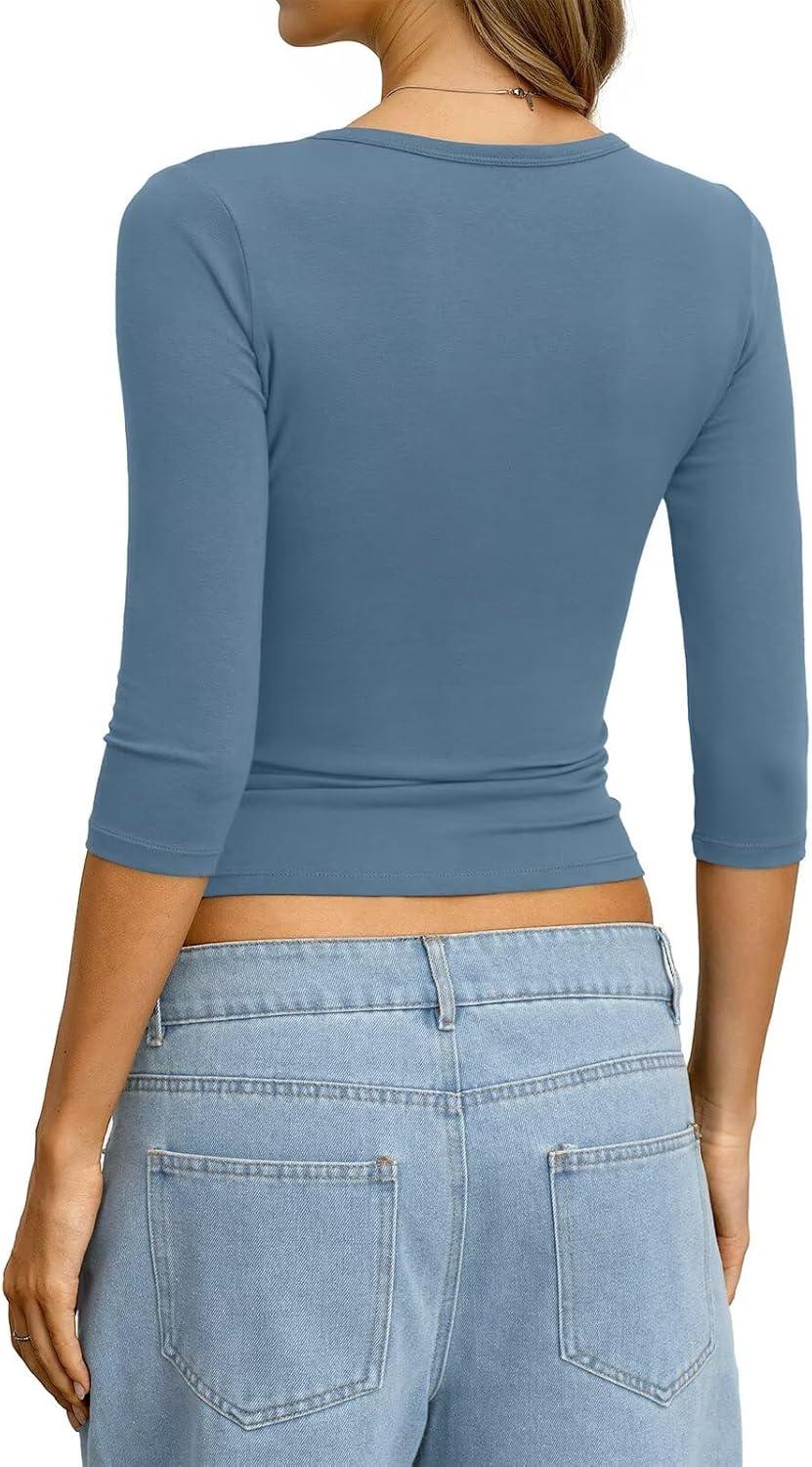 image:imageWomens Cotton 34 Length Sleeve Henley Tops Slim Fit V Neck T Shirts Basic Going Out Tee Summer Trendy OutfitsKyanite