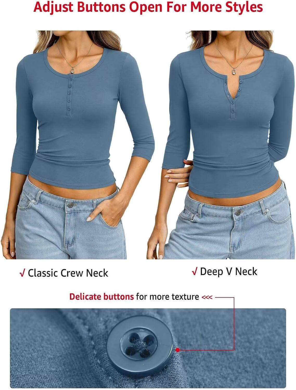 image:imageWomens Cotton 34 Length Sleeve Henley Tops Slim Fit V Neck T Shirts Basic Going Out Tee Summer Trendy OutfitsKyanite