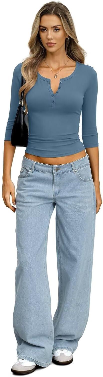 image:imageWomens Cotton 34 Length Sleeve Henley Tops Slim Fit V Neck T Shirts Basic Going Out Tee Summer Trendy OutfitsKyanite