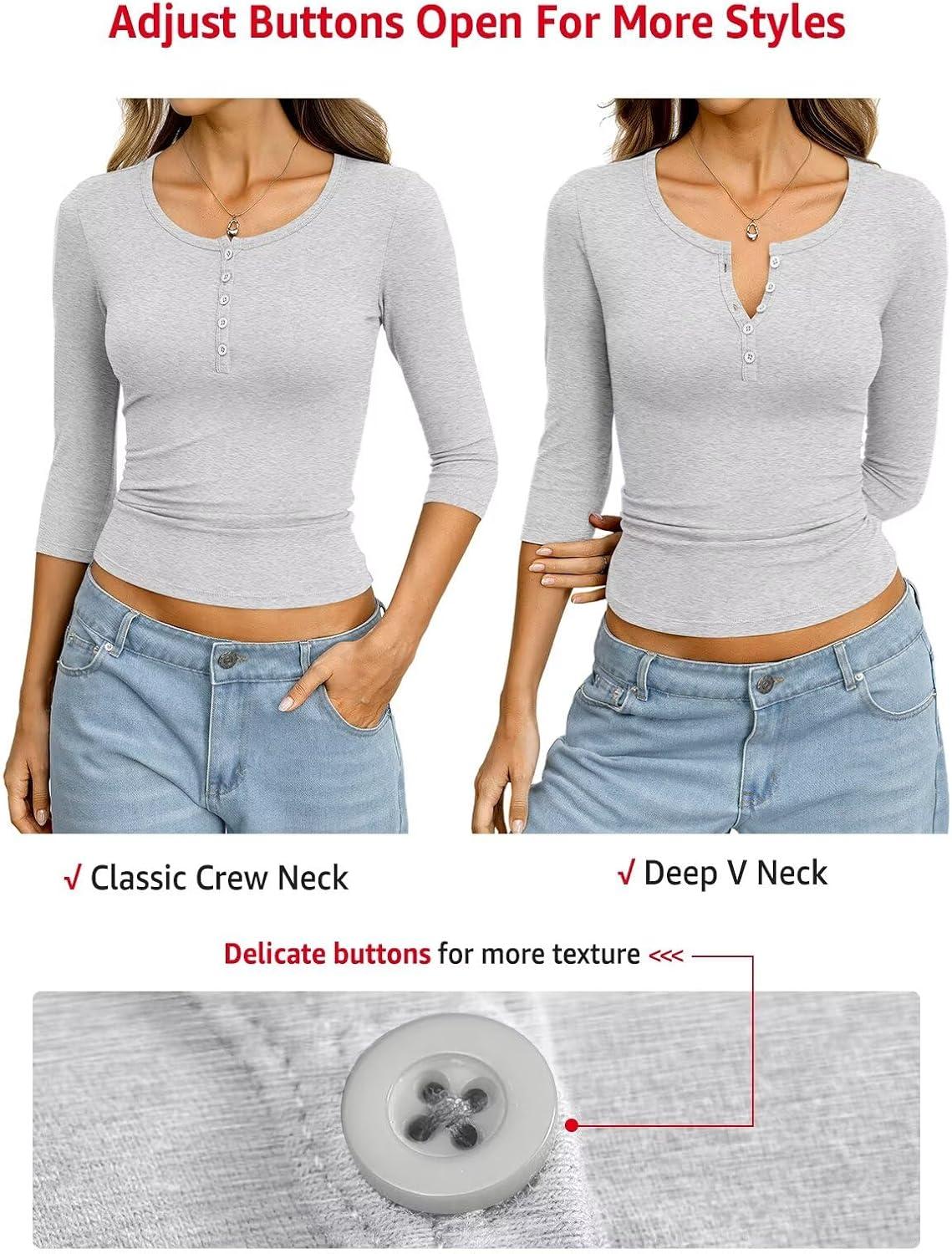 image:imageWomens Cotton 34 Length Sleeve Henley Tops Slim Fit V Neck T Shirts Basic Going Out Tee Summer Trendy OutfitsLight Heather Grey