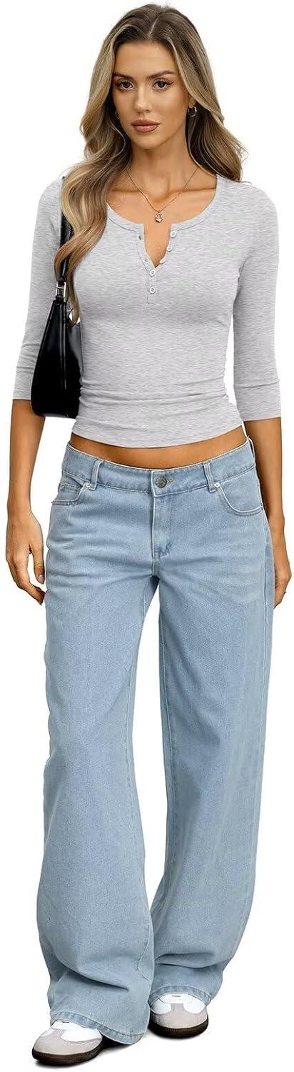 image:imageWomens Cotton 34 Length Sleeve Henley Tops Slim Fit V Neck T Shirts Basic Going Out Tee Summer Trendy OutfitsLight Heather Grey