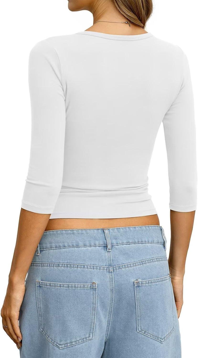 image:imageWomens Cotton 34 Length Sleeve Henley Tops Slim Fit V Neck T Shirts Basic Going Out Tee Summer Trendy OutfitsWhite