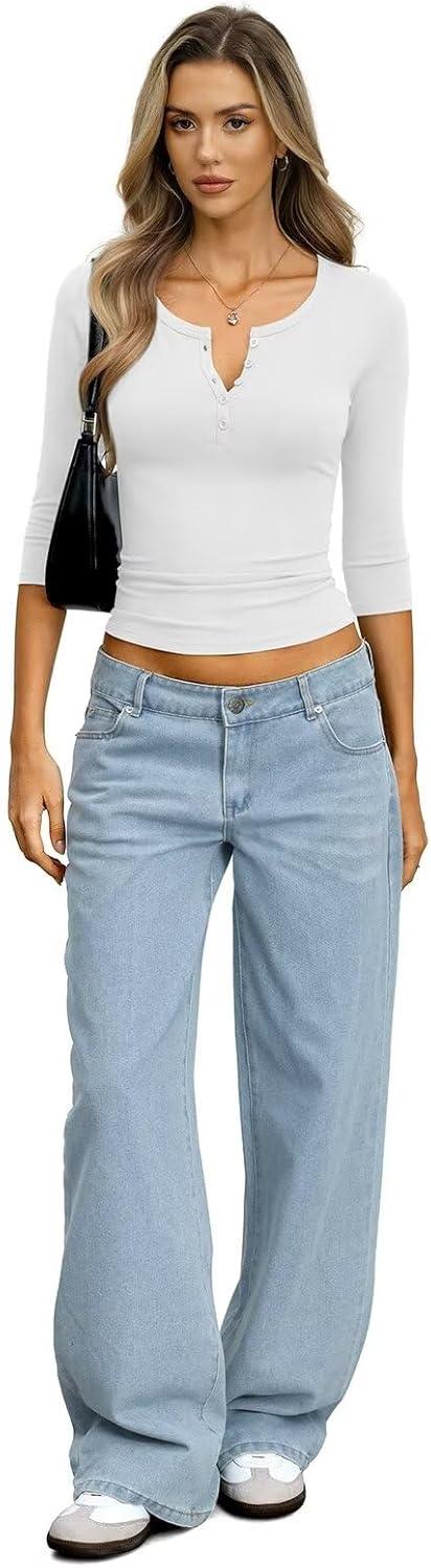 image:imageWomens Cotton 34 Length Sleeve Henley Tops Slim Fit V Neck T Shirts Basic Going Out Tee Summer Trendy OutfitsWhite