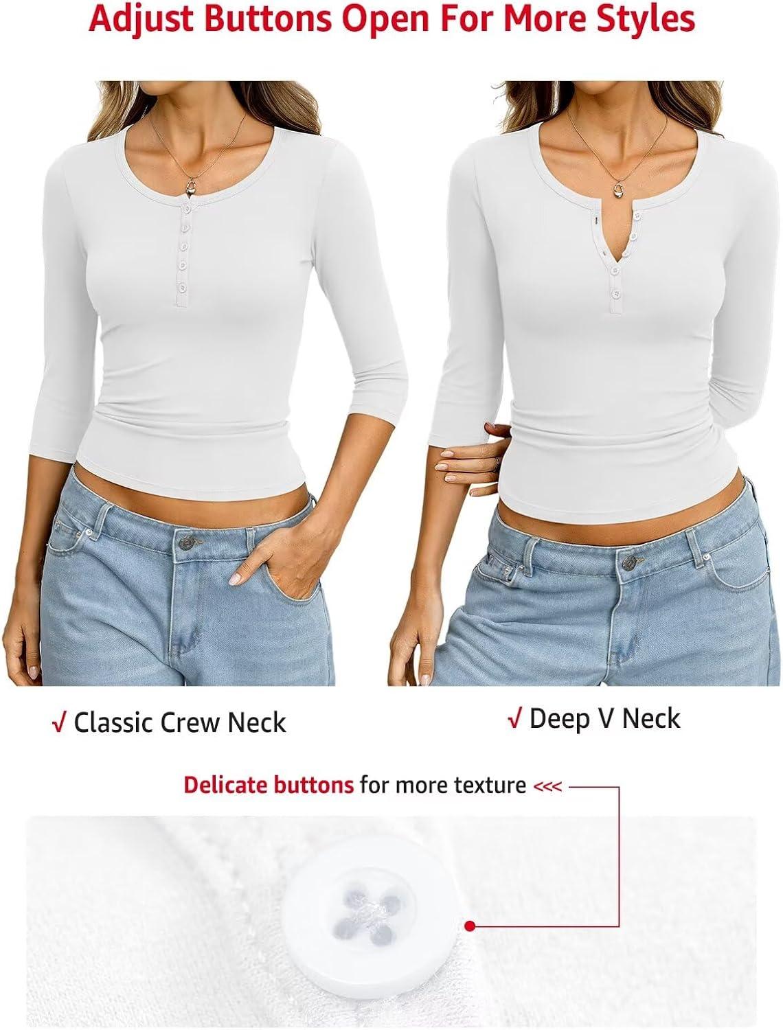 image:imageWomens Cotton 34 Length Sleeve Henley Tops Slim Fit V Neck T Shirts Basic Going Out Tee Summer Trendy OutfitsWhite
