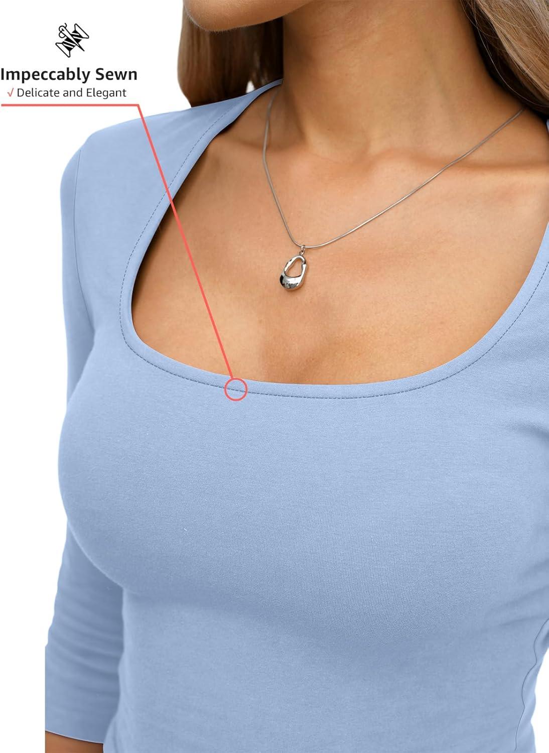 image:imageWomens Cotton 34 Length Sleeve Shirts Square Neck Y2K Tee Basic Slim Fit Going Out Tops Spring Fashion ClothesBaby Blue