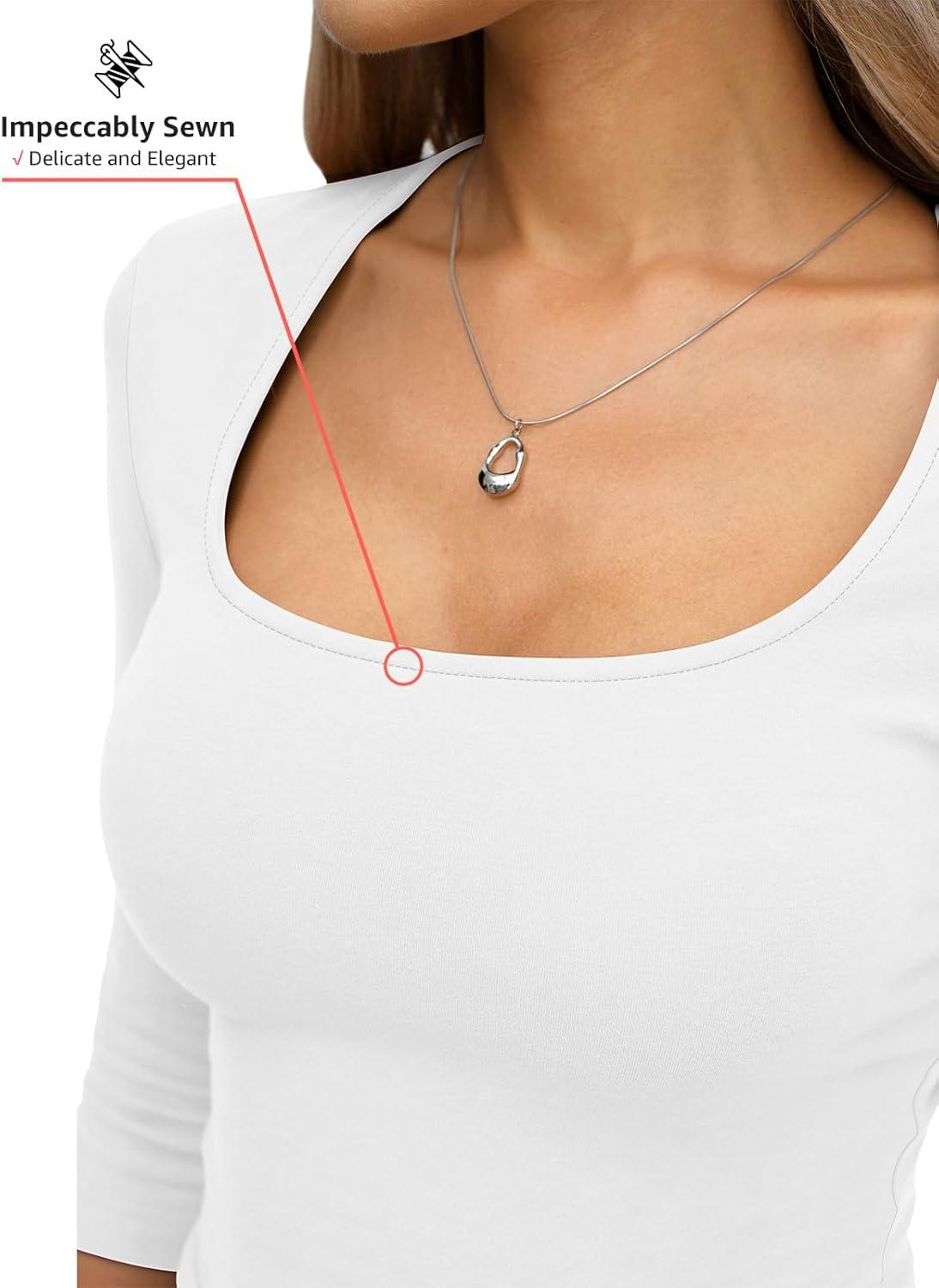 image:imageWomens Cotton 34 Length Sleeve Shirts Square Neck Y2K Tee Basic Slim Fit Going Out Tops Spring Fashion ClothesTrue White