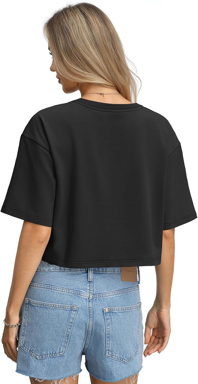 image:imageWomens Cotton Boxy Crop Tops Drop Shoulder Loose Fit TShirts Short Sleeve Crewneck Tees Summer Casual ClothesBlack