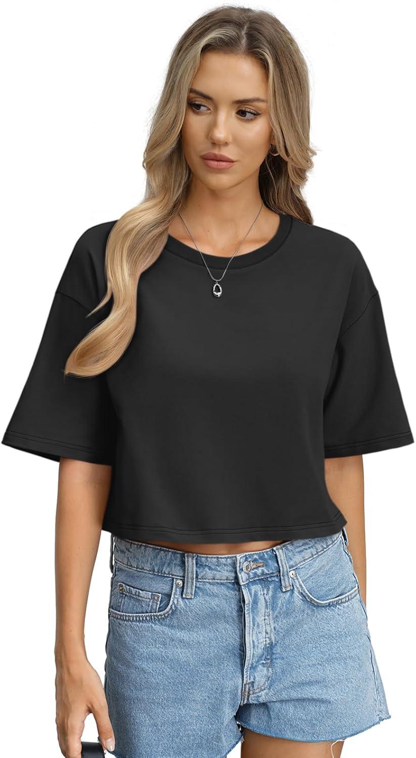 image:imageWomens Cotton Boxy Crop Tops Drop Shoulder Loose Fit TShirts Short Sleeve Crewneck Tees Summer Casual ClothesBlack