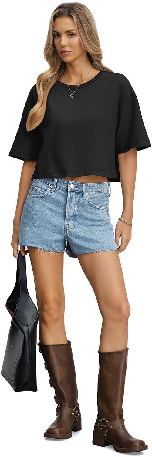image:imageWomens Cotton Boxy Crop Tops Drop Shoulder Loose Fit TShirts Short Sleeve Crewneck Tees Summer Casual ClothesBlack