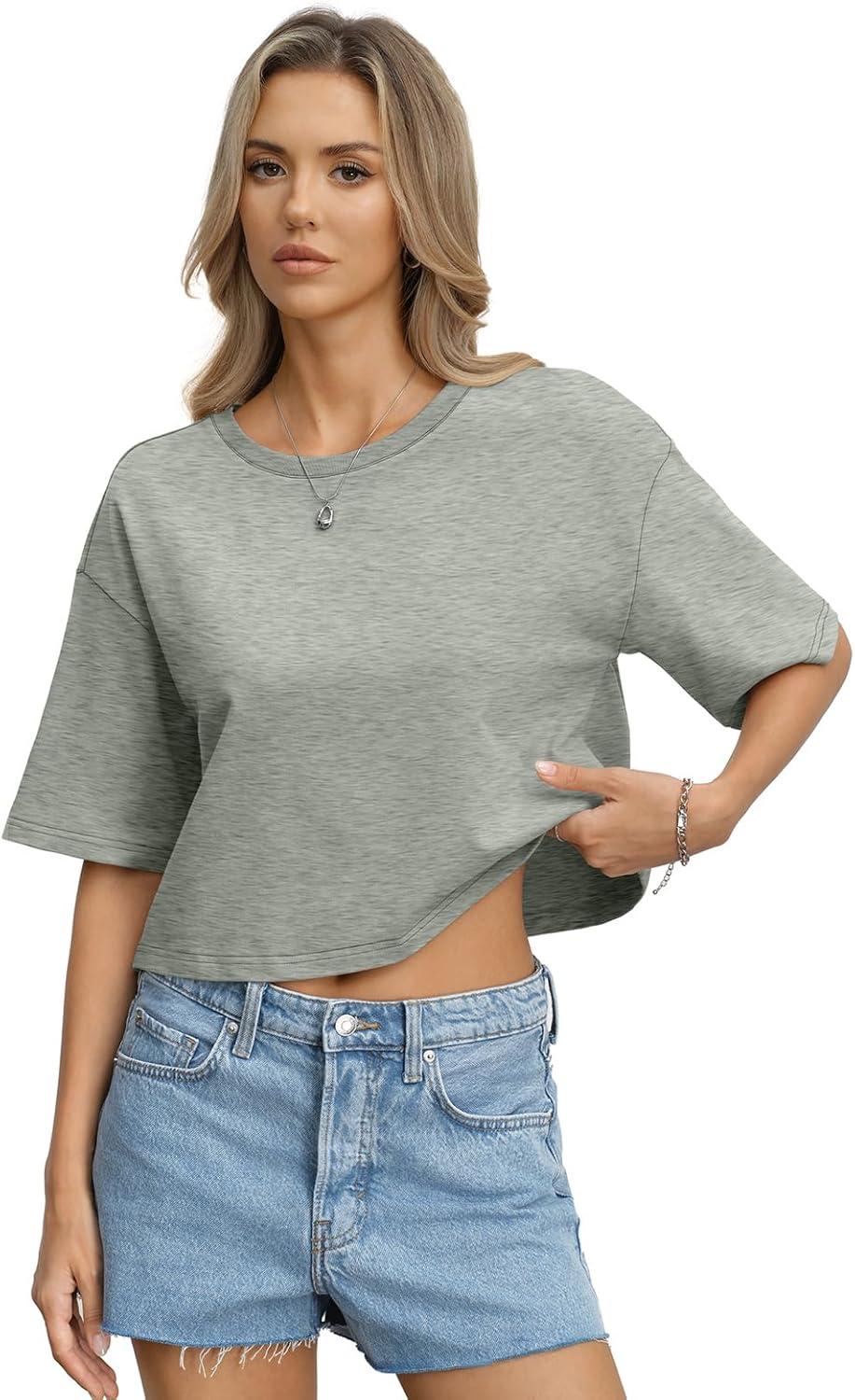 image:imageWomens Cotton Boxy Crop Tops Drop Shoulder Loose Fit TShirts Short Sleeve Crewneck Tees Summer Casual ClothesGrey