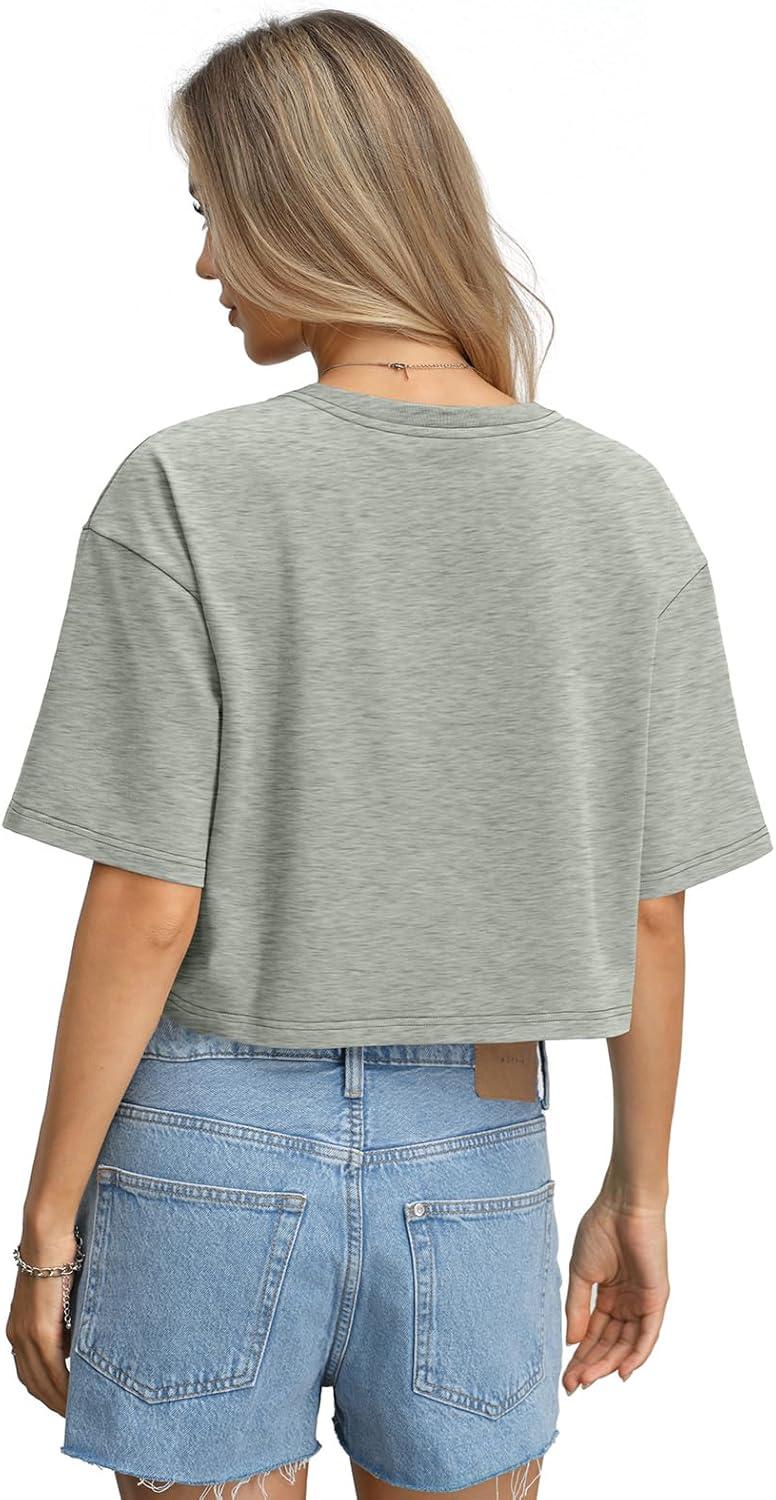 image:imageWomens Cotton Boxy Crop Tops Drop Shoulder Loose Fit TShirts Short Sleeve Crewneck Tees Summer Casual ClothesGrey